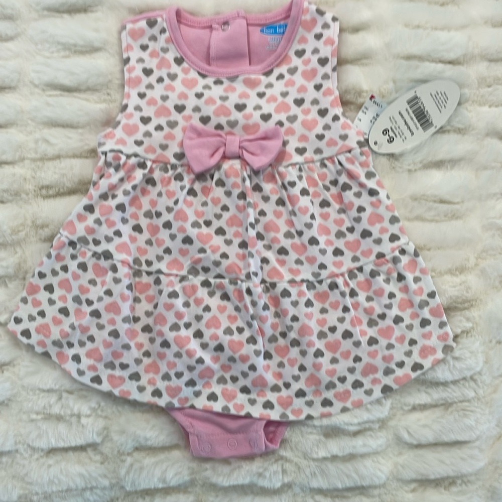 NWT Bon Bebe 6-9M heart dress/onesie. Pink/white/gray